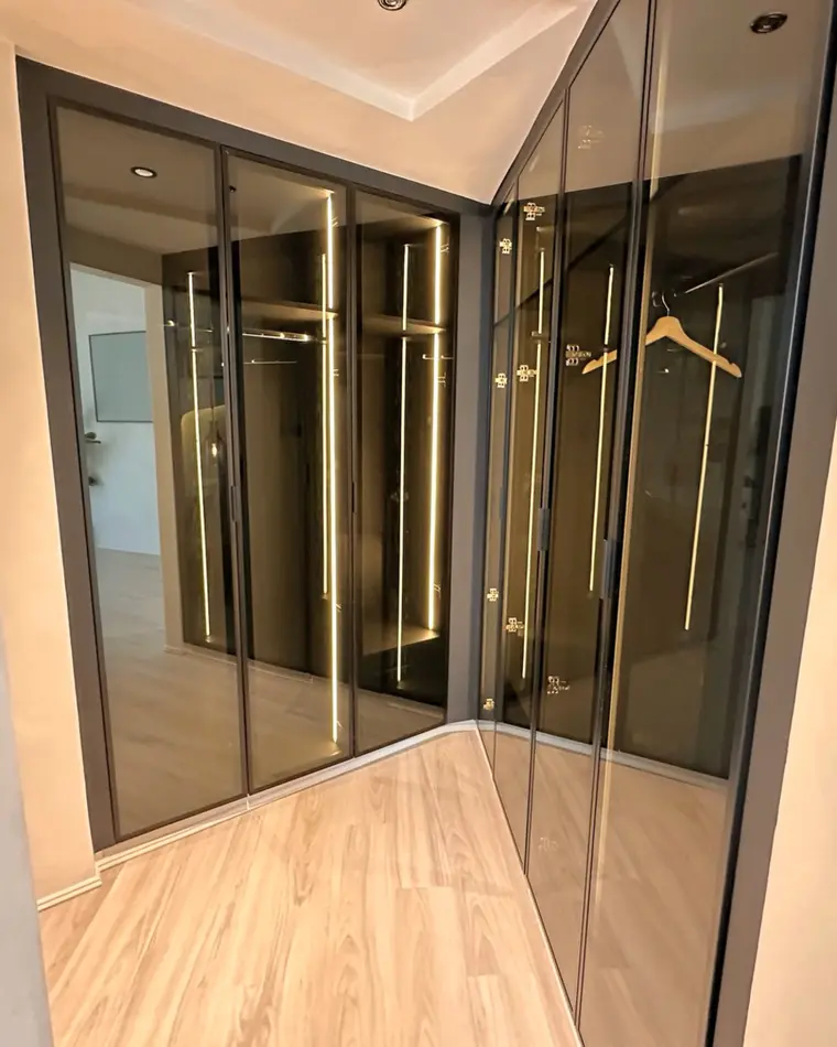 Dressing in TECOM: a corner of smoked glass doors in bronze frames, brass rails and vertical LED strips.